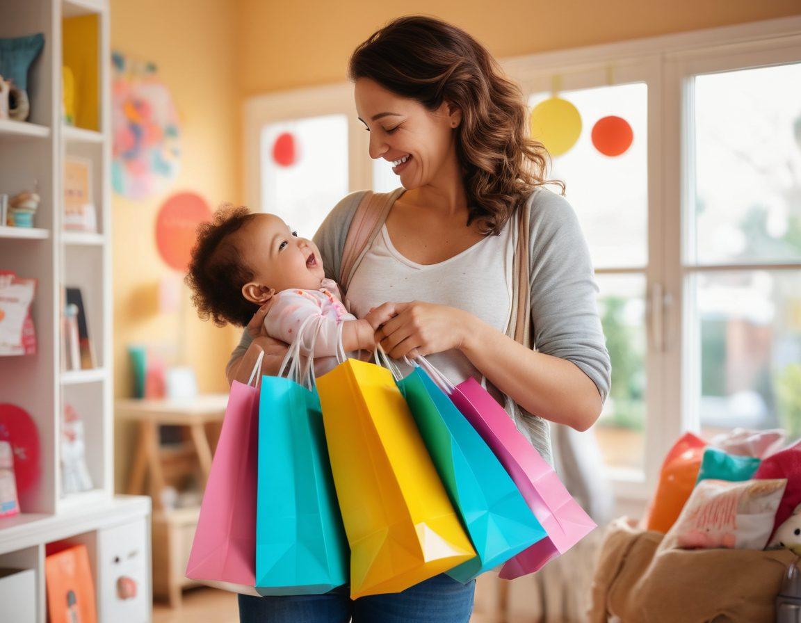 A joyful new parent holding a baby in one hand and shopping bags filled with discounts in the other, surrounded by colorful stickers showcasing various offers and discounts. In the background, a cozy nursery is visible with a light-filled window. The overall theme conveys a sense of excitement and relief through savings. vibrant colors. soft focus. modern illustration.